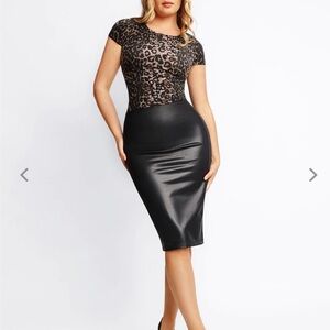 BNWT Popilush Shapewear Sculptung Faux Leather Midi Skirt in Black